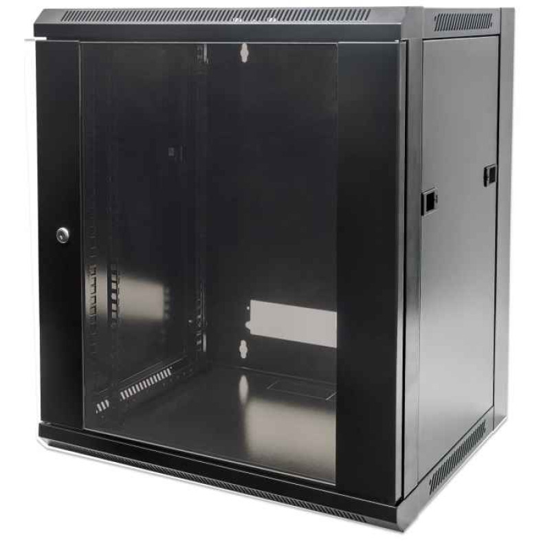 INTELLINET 711951- Gabinete mural de 19" / 15 UR / 570x600mm / Flatpack / Negro / 60 Kg / Puerta de cristal templado / Apertura de más de 180°