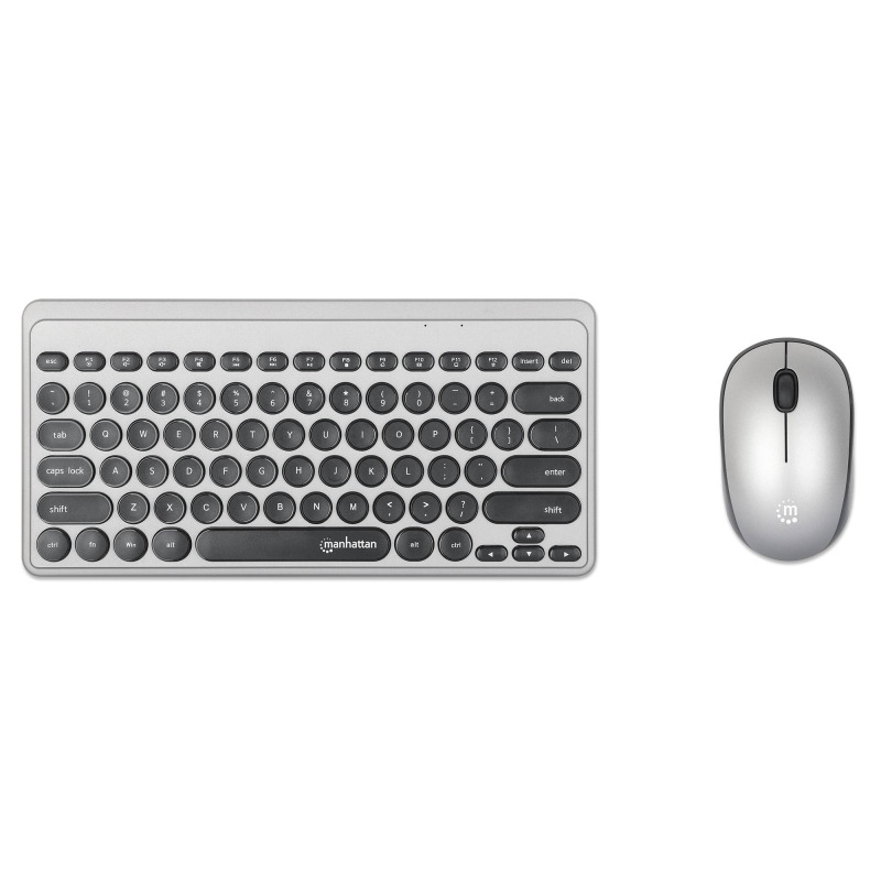 MANHATTAN - 180795 - Kit mini teclado y mouse óptico inalámbricos / Receptor USB-A Nano para ambos, 12 teclas multimedia/función, mouse óptico ambidiestro 3 botones y rueda de desplazamiento, negro/plateado