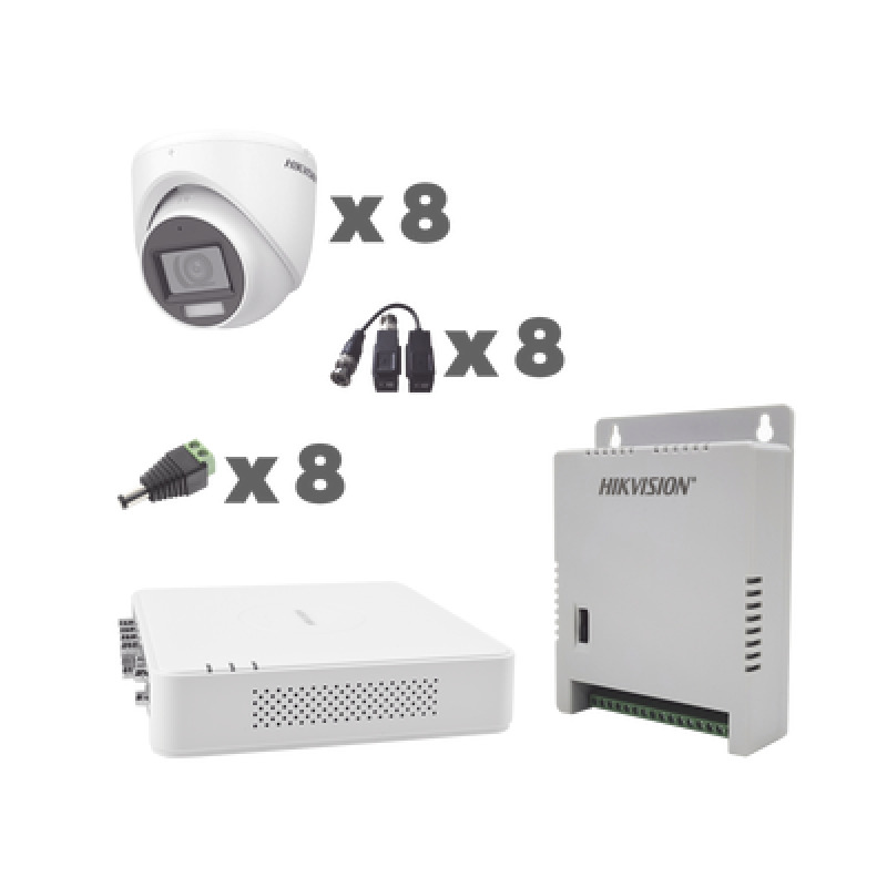KIT TurboHD 1080p / DVR 8 Canales con audio por coaxitron / 8 Cámaras con Micrófono Integrado 106 Visión/  luz blanca  IR visión nocturna  / Transceptores / Conectores / Fuente de Poder Profesional