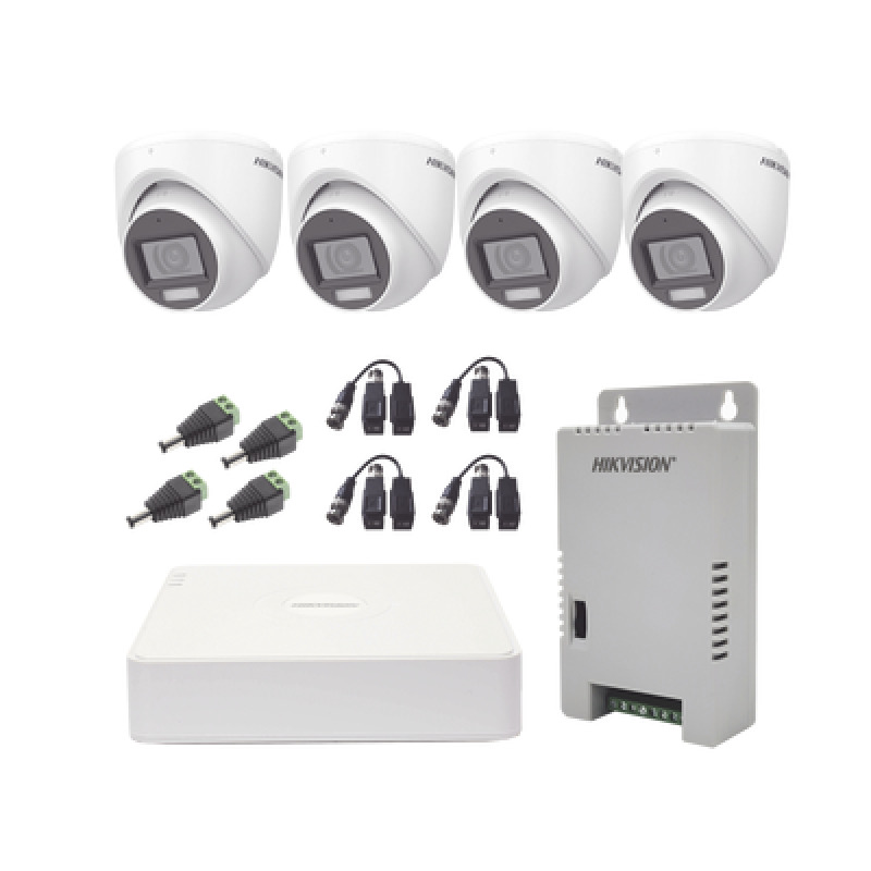 KIT TurboHD 1080p / DVR 4 Canales con audio por coaxitron / 4 Cámaras con Micrófono y  106 Visión/  luz blanca  IR visión nocturna  / Transceptores / Conectores / Fuente de Poder Profesional