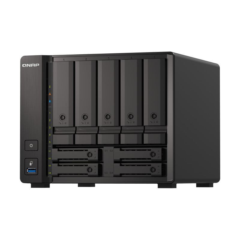 NAS QNAP TS-H973AX-32G/ 9 BAHIAS /5 DE 3,5 4 DE 2,5/NUCLEO CUADRUPLE 2.2GHZ/32GB DDR4 SODIMM HASTA 64GB/2 PTO 2,5 GBE/1 PTO 10 GBE /USB 3.2 X3/ HOTSWAP/ NO INCLUYE DISCOS/AMD RYZEN V1500B