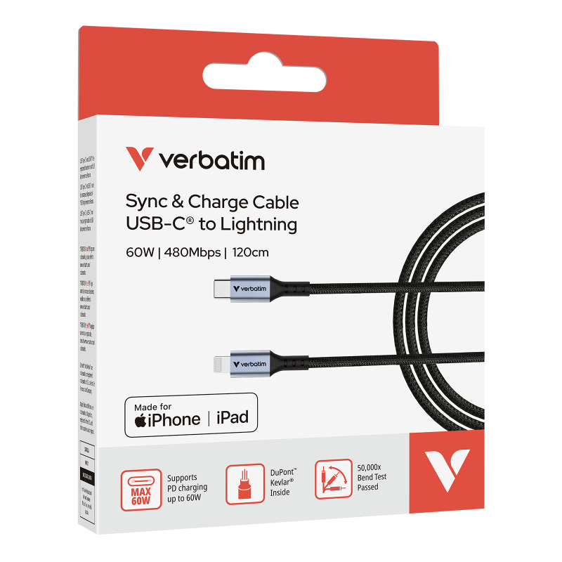 Cable de sincronizacion Verbatim carga USB-C a Lightning 18W color Negro de 120 cm image 5