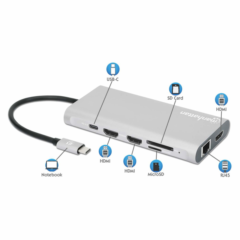 DOCKING USB,MANHATTAN,130660,-C 12 PTOS, HDMIX3, USB-C PD/USB-C/2XUSBV3.2/2XUSBV2.0, RED/SD/MICRO SD image 12