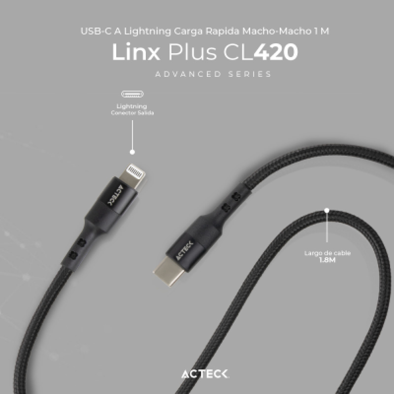 CABLE ACTECK LINX PLUS CL420 / USB C A LIGHTNING / 1.8 M / CARGA RAPIDA / NEGRO / AC-934862 image 2