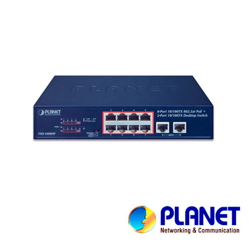 Switch No Administrable de Escritorio y Rack 8 Puertos Fast Ethernet con  PoE 8023af/at 2 Puertos Uplink Hasta 250 m en Modo Extendido