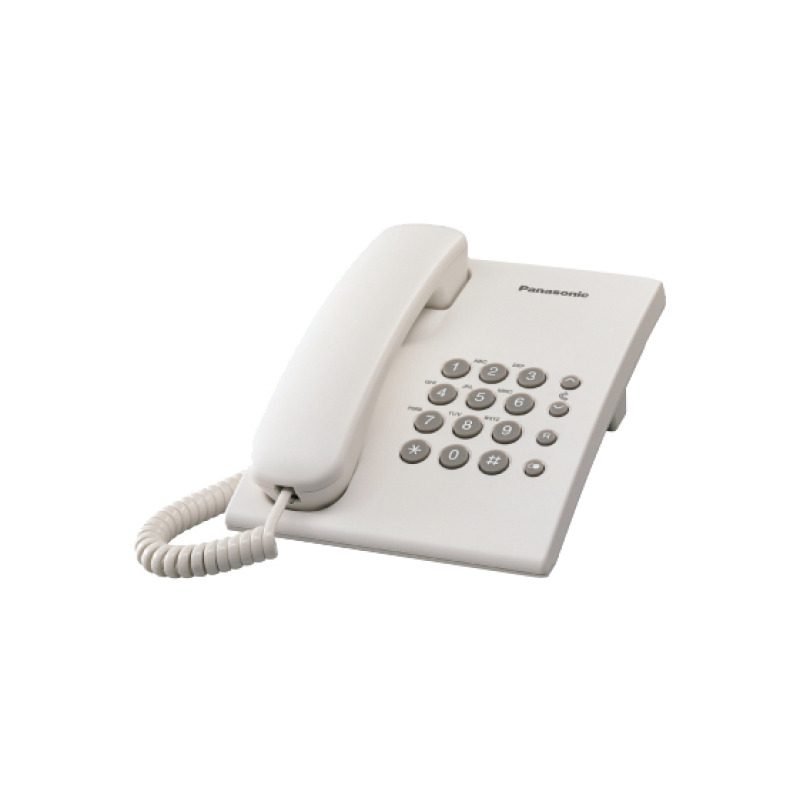 TELEFONO PANASONIC KX-TS500MEW ALAMBRICO BASICO UNILINEA SIN MEMORIAS CONTROL DE VOLUMEN 4 NIVELES REMARCACION ULTIMO NUMERO BLANCO
