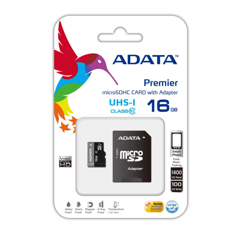 MEMORIA ADATA MICRO SDHC 16GB UHS-I CLASE 10 C/ADAPTADOR (AUSDH16GUICL10-RA1)