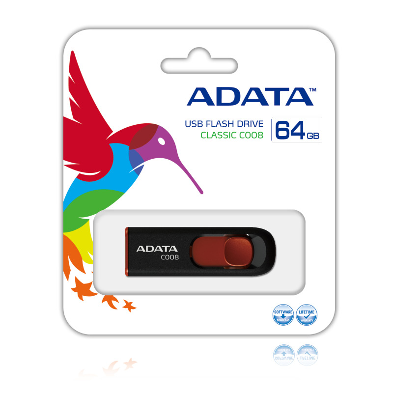 MEMORIA ADATA 64GB USB 2.0 C008 RETRACTIL NEGRO-ROJO ( AC008-64G-RKD) image 3