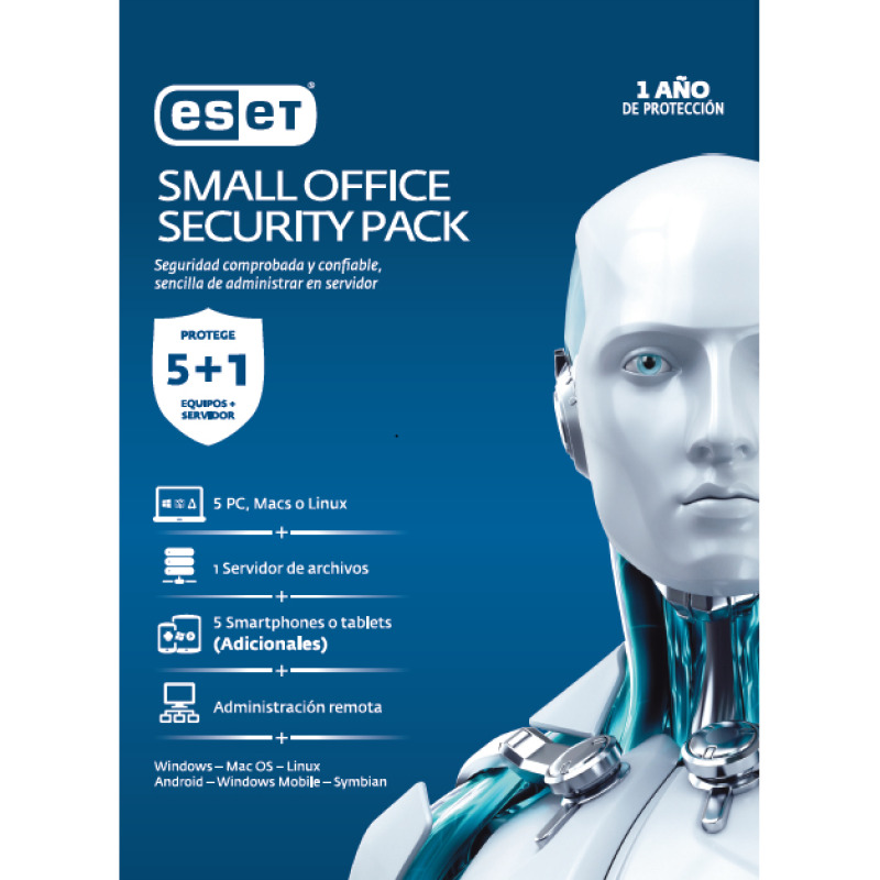 ESET SMALL OFFICE SECURITY, 5 LICENCIAS PCS 1 LICENCIA PARA SERVER WINDOWS CONSOLA LOCAL, 1 AÑO DE VIGENCIA CAJA