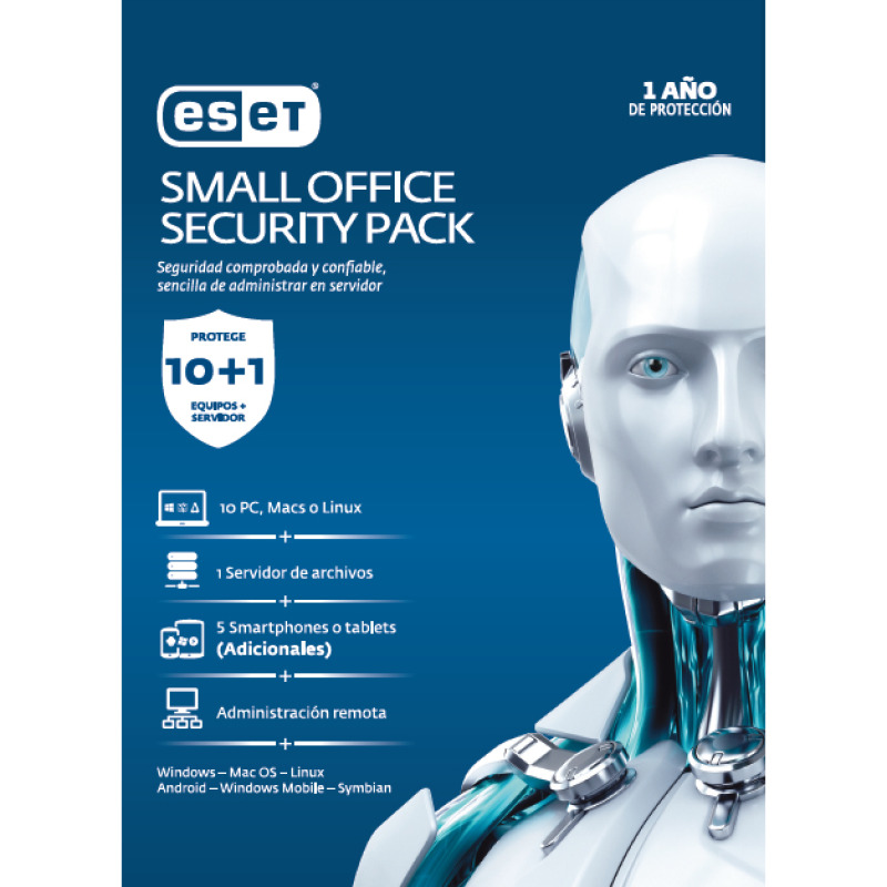 ESET SMALL OFFICE SECURITY, 10 LICENCIAS PCS 1 LICENCIA PARA SERVER WINDOWS CONSOLA LOCAL, 1 AÑO DE VIGENCIA CAJA