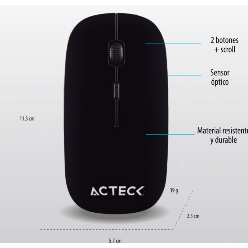  MOUSE ACTECK OPTIMIZE MI240 / INALAMBRICO / RECEPTOR USB / OPTICO / 1600 DPI AJUSTABLE / NEGRO / AC-928885
