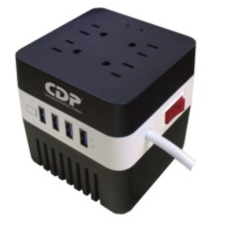 CDP RU-AVR 604- Regulador de Voltaje/ Supresión de Picos/ 600VA/300W/ 4 Puertos USB para Carga de 2.1A Max/ 4 Salidas Reguladas/ Indicadores Led/ Diseño Compacto