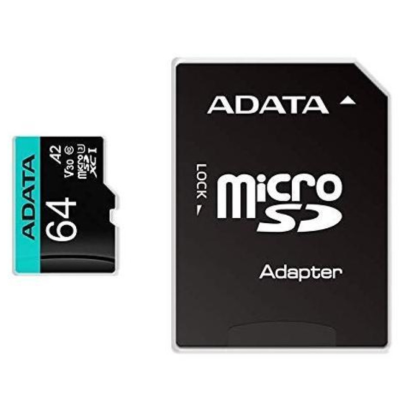 MEMORIA ADATA MICRO SDXC/SDHC 64GB UHS-I 100MB/80MB CLASE 10 V30 A2 C/ADAPTADOR (AUSDX64GUI3V30SA2-RA1)