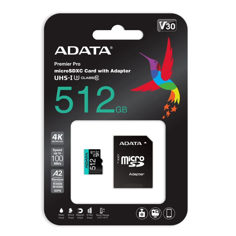 MEMORIA ADATA MICRO SDXC/SDHC 512GB UHS-I 100MB/85MB CLASE 10 V30 A2 C/ADAPTADOR (AUSDX512GUI3V30SA2-RA1) image 5