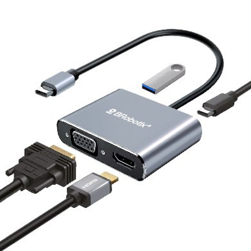 DOCKING STATION BROBOTIX 4 EN 1, USB-C MACHO X1 A HDMI 2K Y 4K X1, SVGA X1, USB-A V3.0 X 1, USB-C HEMBRA X1, COLOR PLATA