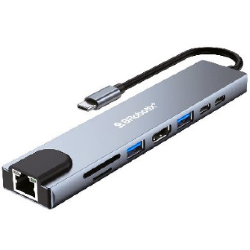 DOCKING STATION BROBOTIX 8 EN 1, USB-C MACHO X1 A HDMI 2K Y 4K X1, RJ45 GIGABIT X1, USB-A V3.0 X2, USB-C HEMBRA X2, SD X1, MICRO SD X1, COLOR PLATA
