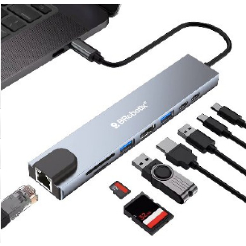 DOCKING STATION BROBOTIX 8 EN 1, USB-C MACHO X1 A HDMI 2K Y 4K X1, RJ45 GIGABIT X1, USB-A V3.0 X2, USB-C HEMBRA X2, SD X1, MICRO SD X1, COLOR PLATA image 4