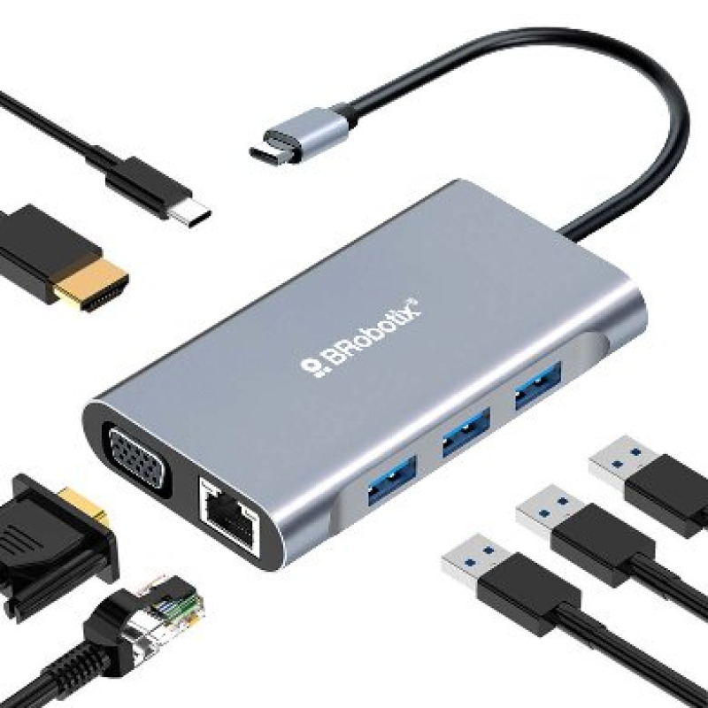 DOCKING STATION BROBOTIX, 7 EN 1, USB-C MACHO X1 A HDMI 2K Y 4K X1, RJ45 GIGABIT X1, USB-A V3.0 X3, SVG X1, USB-C HEMBRA X1, COLOR PLATA