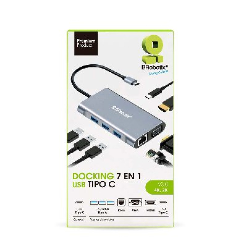 DOCKING STATION BROBOTIX, 7 EN 1, USB-C MACHO X1 A HDMI 2K Y 4K X1, RJ45 GIGABIT X1, USB-A V3.0 X3, SVG X1, USB-C HEMBRA X1, COLOR PLATA image 6