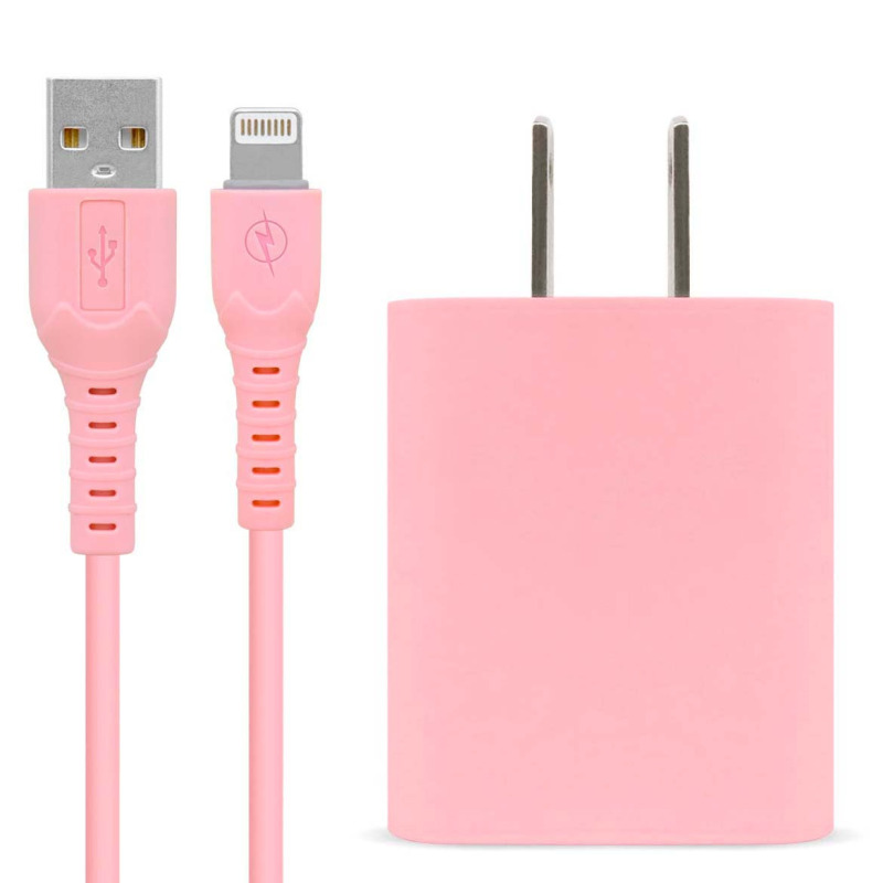 COMBO BROBOTIX CARGADOR DE PARED + CABLE USB-A A LIGHTNING, CARGA RAPIDA, 18W, COLOR ROSA