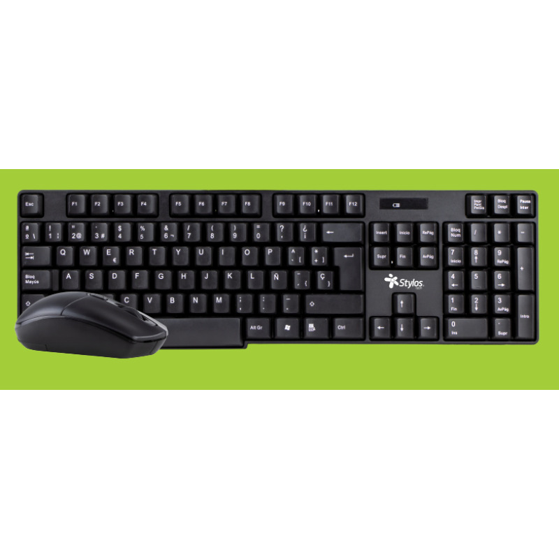 KIT TECLADO Y MOUSE STYLOS (STPKTM3B) INALAMBRICO,105 TECLAS,MOUSE 3 BOTONES,1000DPI,USB NANO,NEGRO