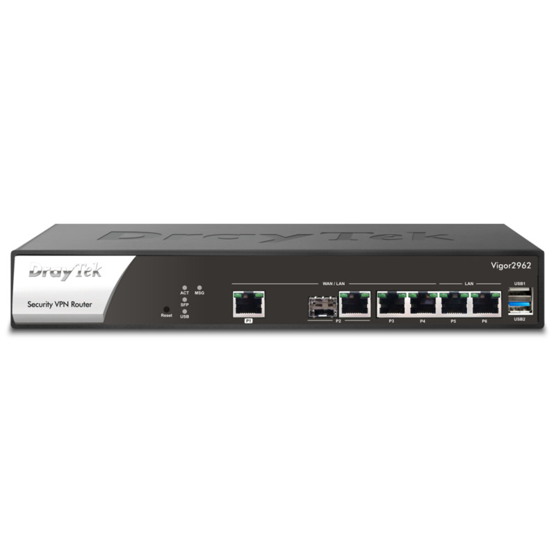 DrayTek VIGOR2962- Ruteador Multi-WAN Balanceador de cargas/ Ideal para PyMEs/ Hasta 200 túneles VPN/ 1 Puerto WAN 2.5GB/ 1 Puerto combo SFP & RJ45 WAN/ 2 Puertos intercambiables LAN & WAN GE/ 2 Puertos fijos LAN RJ45 GE/ Filtrado de contenido WEB