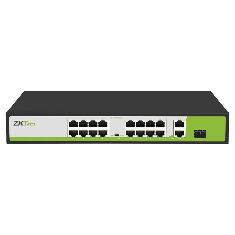 ZKTECO PE162200C - Switch 16 Puertos RJ45 10/100 Mbps con PoE AF/ AT + 2 Puertos 10/100/1000Mbps + 1 Puerto SFP / Soporta hasta 250mts sobre UTP CAT 6 / Protección Contra Descargas /NO Administrable