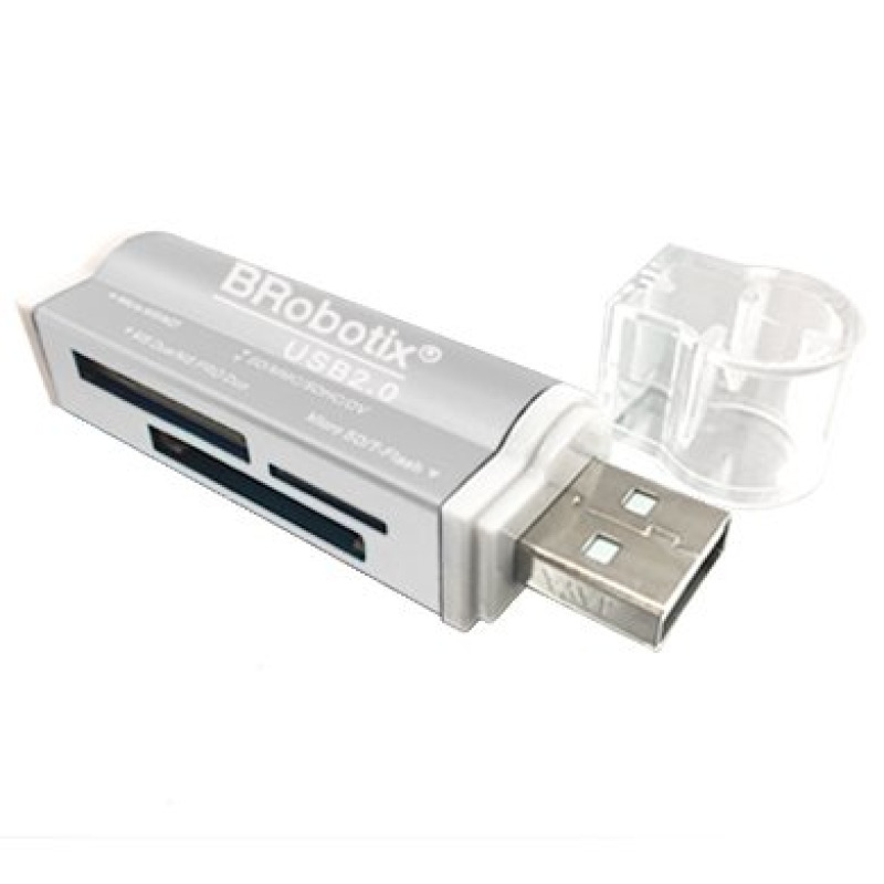 LECTOR BROBOTIX USB-A V2.0 TODO EN UNO: MICRO SD, SD, MS DUO, MICRO MS. METALICO, PLATA
