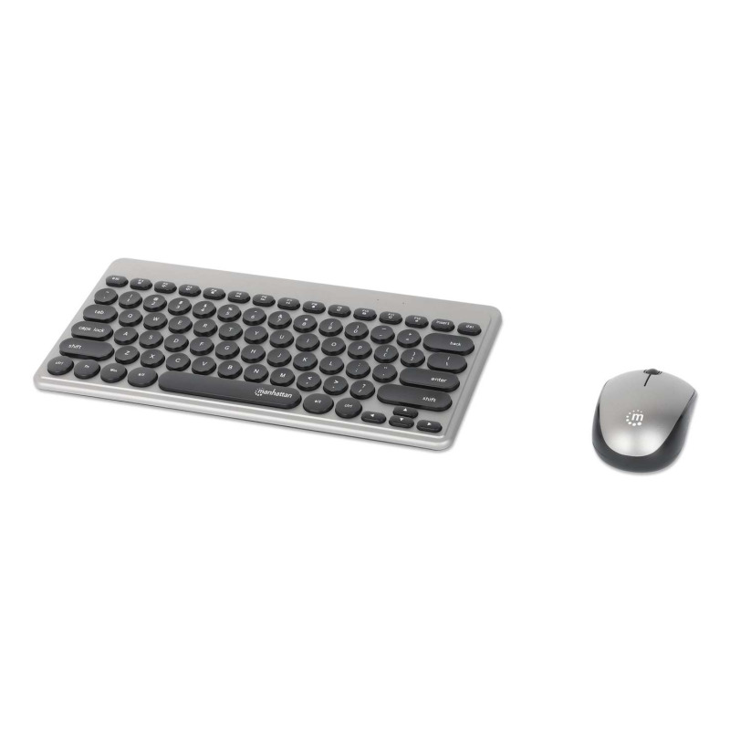 MANHATTAN - 180795 - Kit mini teclado y mouse óptico inalámbricos / Receptor USB-A Nano para ambos, 12 teclas multimedia/función, mouse óptico ambidiestro 3 botones y rueda de desplazamiento, negro/plateado