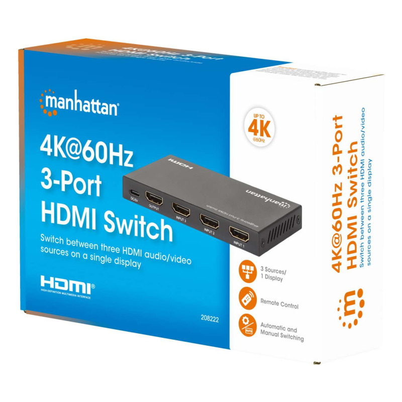 SPLITTER/MANHATTAN/208222/SWITCH HDMI 4K@60HZ, 3 ENTRADAS COMPACTO NEGRO image 3