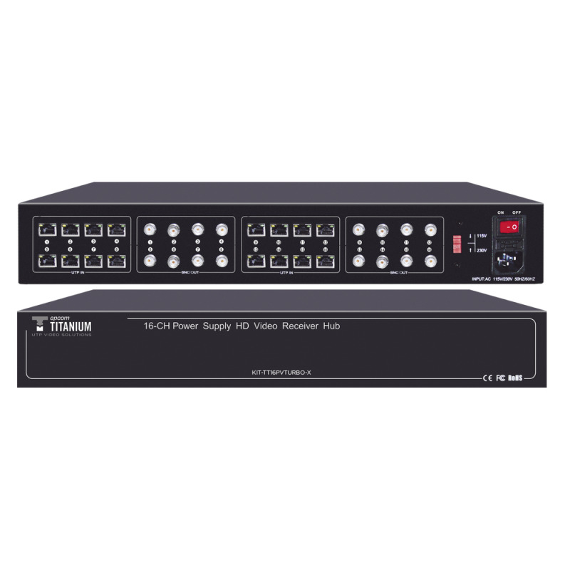 Kit de TRANSCEPTOR ACTIVO DE 16 Canales / VIDEOPODER en un solo Cable UTP / 150m en 4K 200m en 5 MP/ Envía 36 Vcc y recibe 12 Vcc / TODO INCLUIDO PARA RACK / Compatible con cámaras HDTVI/CVI/AHD/CVBS / Instalación Limpia