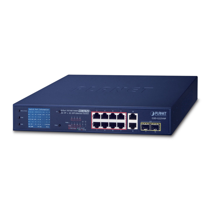 Switch No Administrable 8 Puertos Gigabit con Modo Extend PoE a 250 mts 2 puertos Uplink 10/100/1000 Mbps 2 Puertos SFP