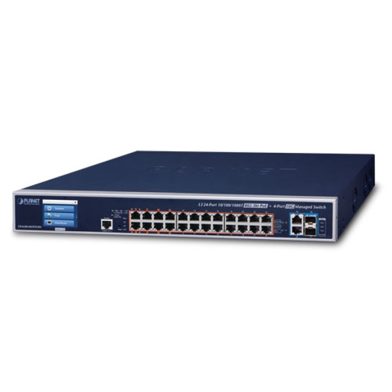Switch Administrable L3 24 puertos Gigabit PoE 8023bt 2 puertos 10G SFP Pantalla Tactil Fuente Redundante 600W