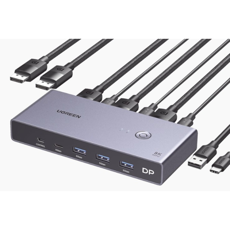 Conmutador KVM DisplayPort 8K | DP 14 | 2 Entradas 1 Salida | 4 Puertos USB 30 3 USBA 1 USBC | Soporta 8K60Hz | HDR | Control de Escritorio | Carcasa de Aluminio | Indicador Led | Compatible Win MacOs y Linux
