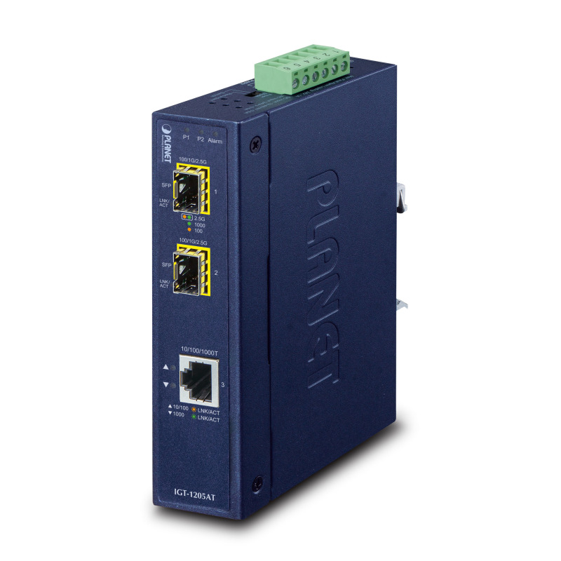 Convertidor de Medios Industrial de 1 Puerto Ethernet 10/100/1000 BaseT a 2 Puertos SFP 100/1000/2500 BaseX