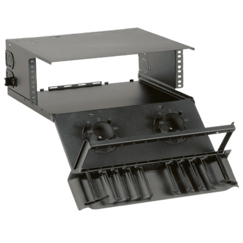 Panel de Distribución de Fibra Óptica Acepta 12 Placas FAP o FMP Bandeja Deslizable e Inclinable Hacia Abajo Hasta 288 Fibras Color Negro 4UR