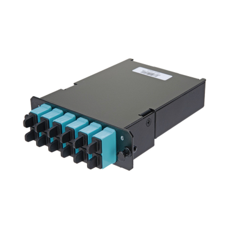 Placa Acopladora de Fibra Óptica FAP Con 12 Pigtails y 6 Conectores SC Duplex 12 Fibras Para Fibra Multimodo OM3/OM4 Color Aqua
