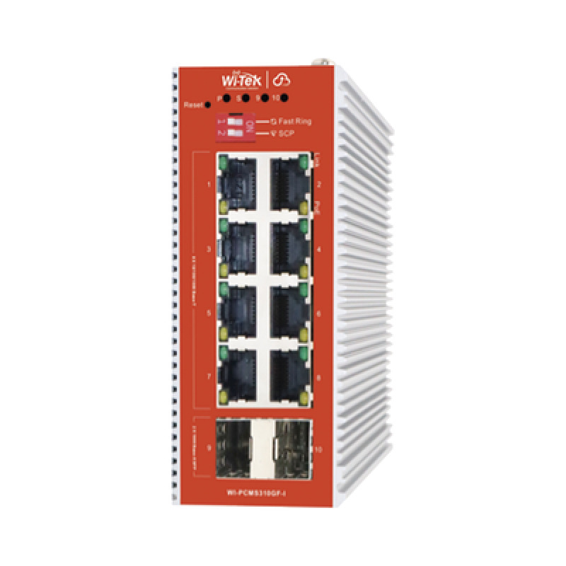 Switch L2 PoE Industrial / Administración CloudWebCLI / 8 Puertos PoE af/at 100/1000 Mbps / 2 Puertos SFP Gigabit / Presupuesto PoE 120 W / Protocolo ERSP redundancia enlaces