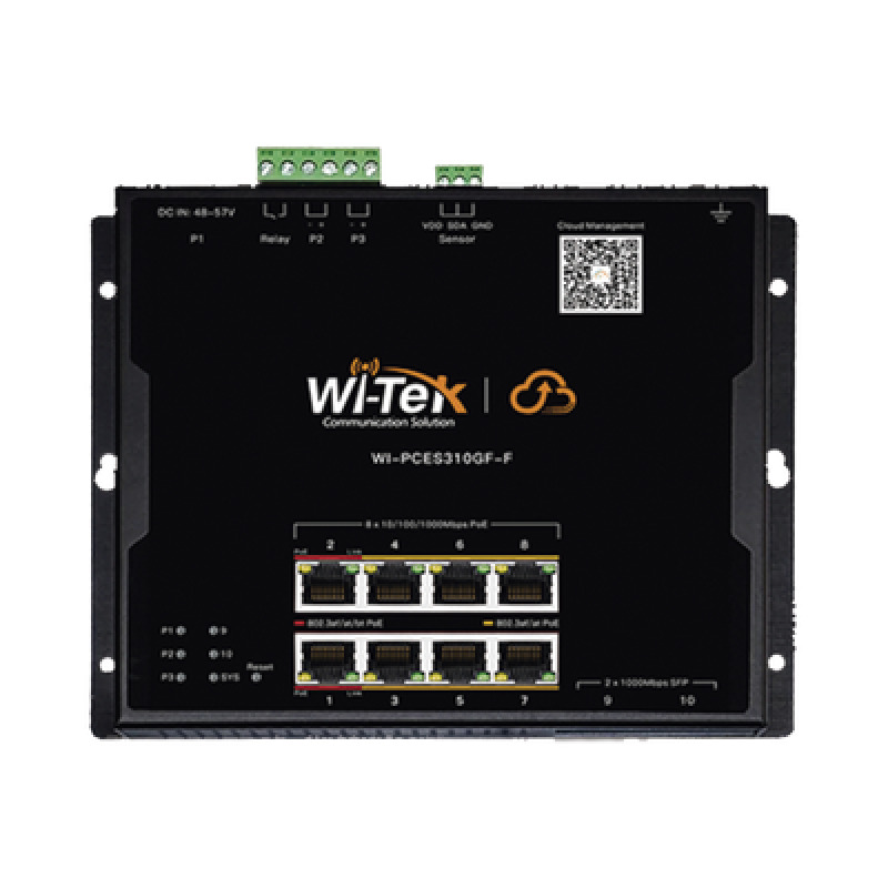 Switch L2 PoE Industrial / Administración Cloud Gratuita / 8 Puertos PoE af/at/bt 10/100/1000 Mbps / 2 Puertos SFP Gigabit / Máx Presupuesto PoE 145 W / Montaje Magnético Riel DIN