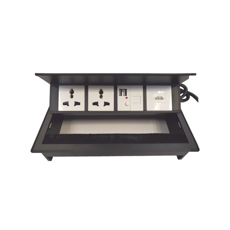 Caja Horizontal tipo Hub para escritorio color negro con 1 Puerto HDMI HembraHembra 1 puerto RJ45 Cat6  2 Puertos USB Solo carga  y 2 Contactos eléctricos universales