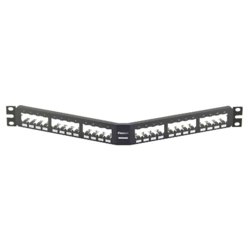 Panel de Parcheo Modular MiniCom Sin Conectores Angulado Totalmente Blindado de 24 puertos 1UR