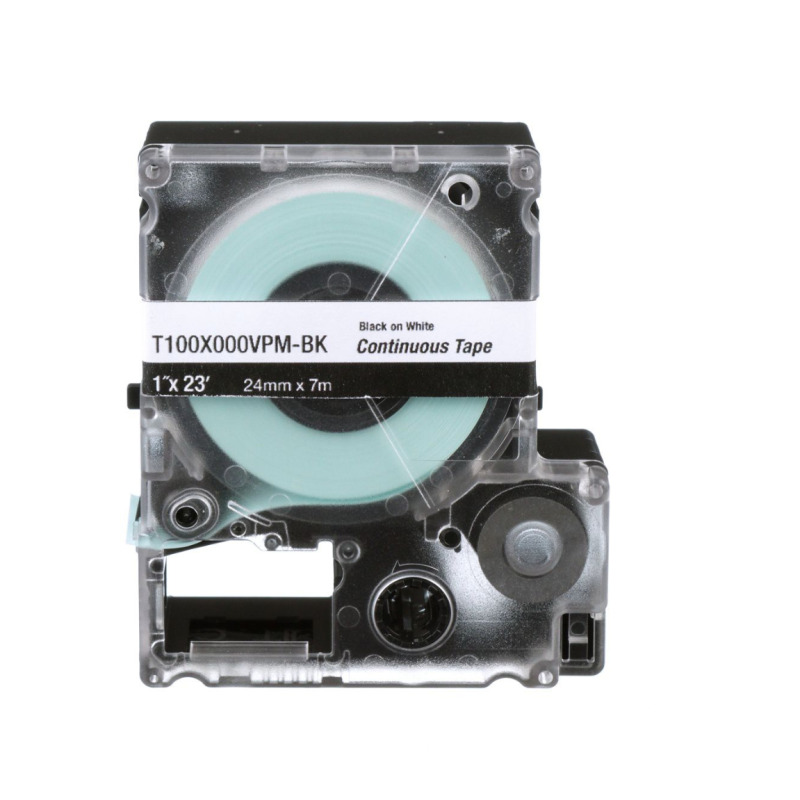 Casete de Etiquetas de Vinilo de Cinta Continua Color Negro Sobre Blanco Uso Interior/Exterior 24 mm 1 in de Ancho x 76 Metros de Largo