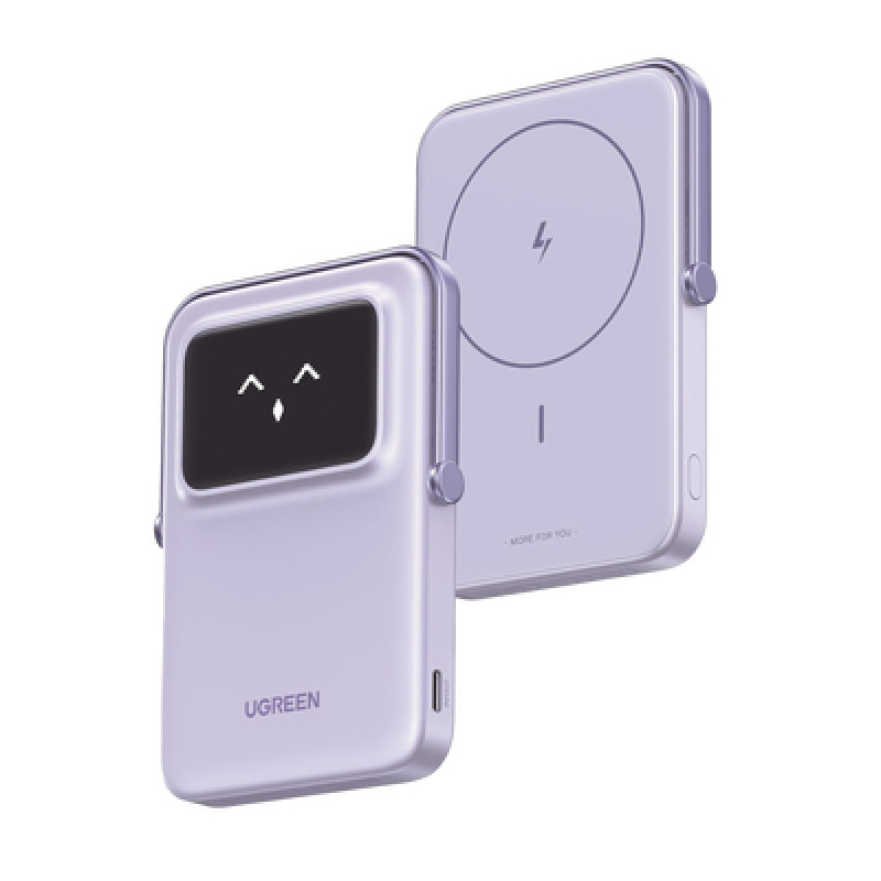 Power Bank Inalambrico | 5000mAh | 75W  |  Con Emojis de Estado | Carga Rápida USBC Bidireccional  | Pantalla TFT  Inteligente | 13 niveles de Proteccion | Con Holder | Color Purple
