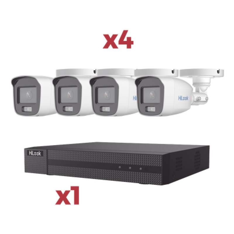 Kit DVR 4 Canales TurboHD  1 Canal IP / 2 Megapixel 1080pLite / AcuSense Lite / Audio por coaxitron / 1 Bahia de disco duro / 4 Cámaras 2 Megapixel tipo Bala / ColorVu Lite  Microfono Integrado