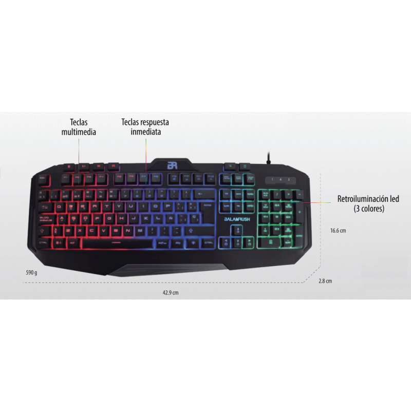 TECLADO GAMER BALAM RUSH GUNFIRE KG330 / ALAMBRICO USB / ILUMINACION LED / MULTIMEDIA / ESPAÑOL / 117 TECLAS / NEGRO / BR-929639
