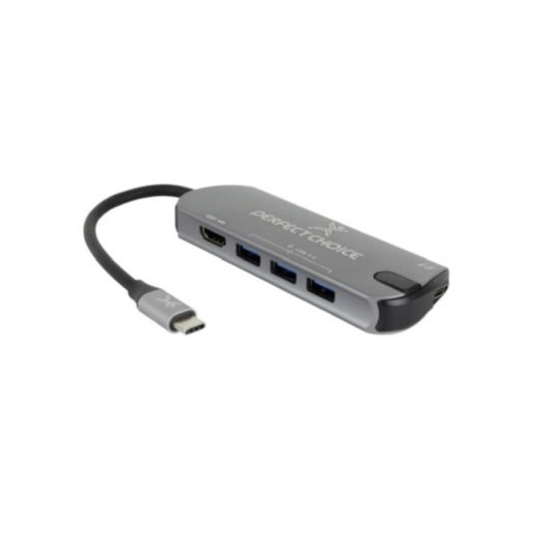 ADAPTADOR HUB CONECTOR USB TIPO C CON 3 PUERTOS USB A HEMBRA / 1 HDMI PERFECT CHOICE - GRIS