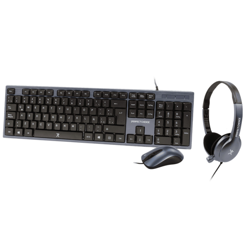KIT TECLADO / MOUSE / DIADEMA CON MICROFONO INTEGRADO ALAMBRICOS CONECTOR USB / 3.5MM PERFECT CHOICE - AZUL