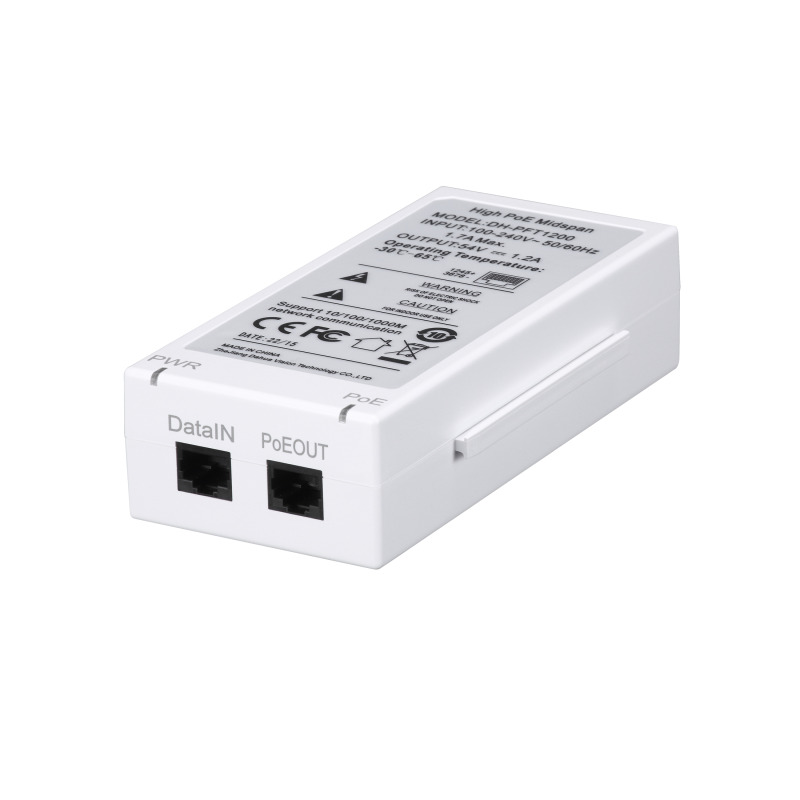 DAHUA PFT1200 - Inyector Hi-Poe Midspan Gigabit/ Soporta PoE/PoE+/ Soporta Hi-PoE 60 Watts para PTZ/ Indicadores Led de Status/ Funciona con Extensor: PFT1300 para conexión en Cascada/ Instalación en Pared/ 