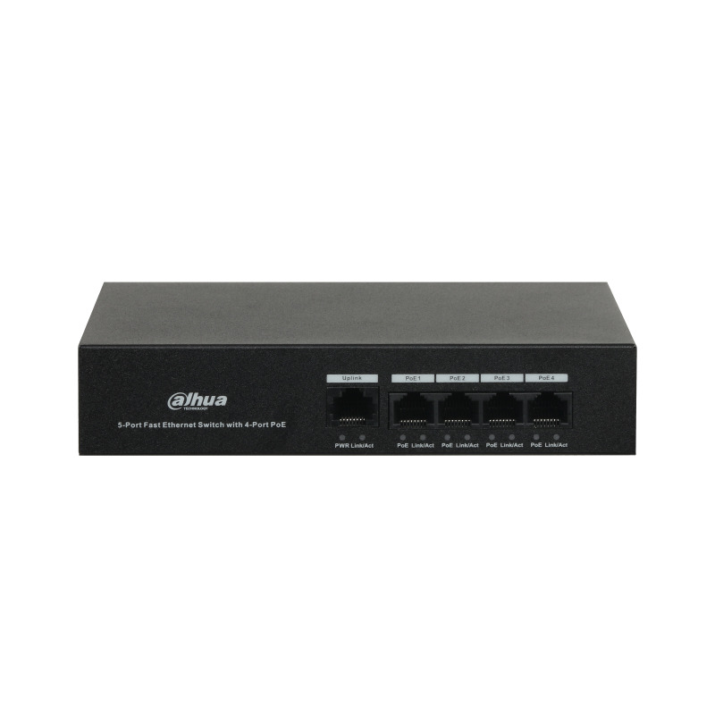 DAHUA DH-PFS3005-4ET-36 - Switch PoE de 4 Puertos/ Capa 2/ 1 Puerto 10/100 Base T/ 4 Puertos PoE 10/100 /  36 Watts Totales/ Switching 1 Gbps/ Tasa de Reenvio de Paquetes  744 Kbps/ Memoria Buffer de Paquetes 448 Kb/ Protección de Descargas/