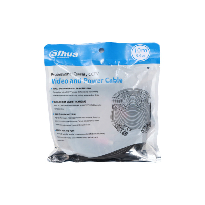 DAHUA DH-PFM942I-10-5 - Cable de 10 Metros Armado para Video y Energía/ Para Camaras Hasta 4k/ con Conectores BNC y de Energía/ Uso Exterior e Interior/ Cobre de Alta Pureza/ Soporta: AHD/CVI/TVI/CVBS/